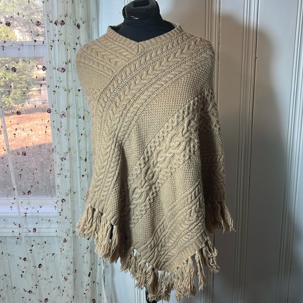 Lauren Ralph Lauren tan cable knit fringe poncho